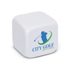 A white stress cube featuring a logo related to golf. The cube has a smooth surface and rounded edges.