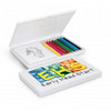 A colouring set featuring a white case with vibrant coloured pencils in shades of blue, green, pink, and yellow.
