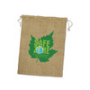 A large jute gift bag in natural beige with a green leaf design and a logo.