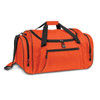 An orange duffle bag with multiple zipped pockets and black accents, featuring both handles and a shoulder strap.