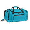 A teal duffle bag with multiple compartments, featuring black accents and a removable shoulder strap.