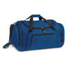 A blue duffle bag featuring multiple zippered pockets and a shoulder strap, with a logo on the side.