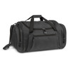 A black duffle bag with multiple pockets and a shoulder strap, featuring handles and a logo.