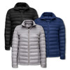 Three women's puffer jackets in black, grey, and navy blue, featuring a zip front and a logo on the chest.