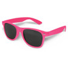 Pink sunglasses with dark lenses, featuring a logo on the side.