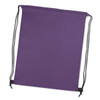 A purple drawstring backpack with black cords for closure and a logo on one side.