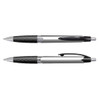 A silver and black plastic pen with a textured grip and click mechanism, featuring a logo on its body.