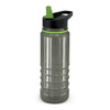 A drink bottle in clear plastic with black and green accents, featuring a flip-top lid and textured grip.