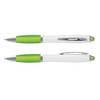 A stylus pen with a white barrel and green accents, featuring a retractable design and a clip.