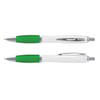A promotional pen featuring a white barrel and green accents, with chrome detailing and a clip.