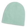 A light mint green cable knit beanie with a ribbed texture.