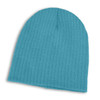 A Nebraska Cable Knit Beanie in a vibrant turquoise color, featuring a ribbed texture.