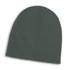 A grey cable knit beanie with a ribbed texture, featuring a logo or branding on the side.