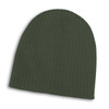 A dark green cable knit beanie with a ribbed texture and a logo.