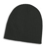 A black cable knit beanie with a ribbed texture and a branding logo.