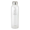 A drink bottle made of clear glass with a stainless steel cap. The bottle features an engraved logo in the center.
