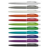 A collection of twelve plastic pens in various colours, including silver, grey, white, orange, green, and purple, featuring a logo.