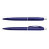 A blue plastic pen with a sleek design, featuring a clip and a silver tip, displayed in two positions.
