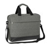 A grey business satchel with black accents, featuring a shoulder strap and top handles, along with a logo.
