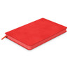 A red medium notebook with a textured cover and a ribbon bookmark, featuring a logo on the front.