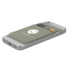A green Lycra phone wallet with a logo, attached to a silver smartphone, holding a credit card.