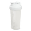 A drink bottle with a white lid and a transparent body, featuring a mixing ball inside.