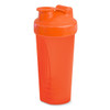 A drink bottle with a vibrant orange colour and a flip-top lid, featuring a logo on its side.