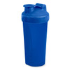 A drink bottle in blue, designed as a protein shaker with a secure lid and spout, featuring a branding logo.