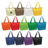 A variety of cooler bags in brown, white, orange, green, blue, red, black, and purple, each with carrying handles.