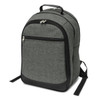 A grey backpack with a smooth black base, featuring zippers and a top handle, has a logo on the front.