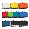 Variety of Alfresco Picnic Blankets in multiple colours, including white, yellow, orange, red, green, blue, and black, with handles.