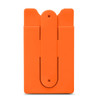 An orange phone wallet with a simple design and a logo on the front. The wallet includes a clip for attachment.