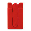A red phone wallet with a simple design featuring a central strap and a logo.