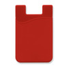 A red silicone phone wallet with a curved design and a slot for cards. It features a logo on the front.