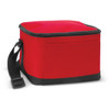 A red cooler bag with a zippered top and a black bottom, featuring a convenient carry strap.
