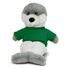 A plush seal toy with grey and white fur, wearing a green shirt, sitting upright. It has a sweet and friendly appearance.