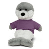 A grey and white plush seal toy wearing a purple shirt, sitting upright with a friendly expression.