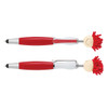 Two red and silver pens featuring a playful design with a pom-pom topper and a smiling face.