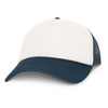 A trucker cap with a white front and a dark navy brim and mesh back.