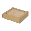 A square, brown cardboard box containing a set of four round cork coasters. The coasters have a natural cork colour.