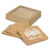 A square set of four natural cork coasters in a box, featuring a logo on the side.