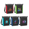 A black cooler bag with red, green, and blue accents. It features various logos on the front.