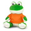 A green plush frog toy wearing an orange shirt, sitting with its legs extended and a friendly expression.