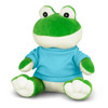 A green frog plush toy wearing a blue shirt, sitting with arms and legs outstretched.