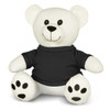A white plush toy bear with black accents, wearing a black shirt and featuring embroidered facial details.