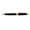 A black metal pen with gold accents and a clip, featuring a sleek design and smooth finish.