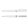 A set of two white metal pens with chrome accents and clips, featuring a sleek and elegant design.