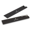A metal pen in a sleek black case, featuring a simple logo on both the case and the pen.