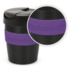 A drink bottle in black with a purple silicone grip, featuring a lid and branding on the side.