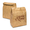 A brown Kraft cooler lunch bag with a fold-top design and a logo on one side.